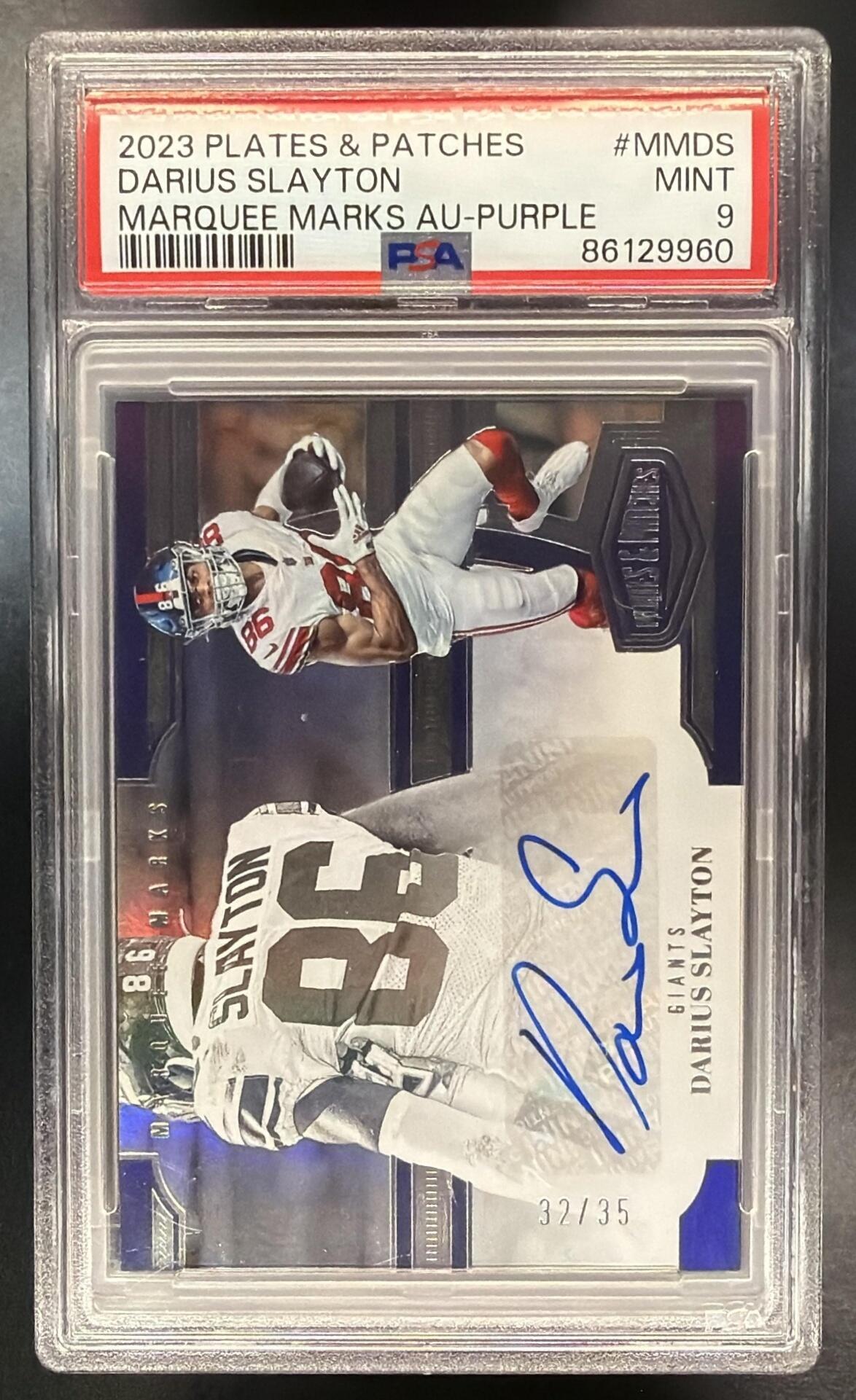 2023 Panini Plates & Patches Darius Slayton #MM-DS Marquee Marks Purple 32/35 Auto PSA 9
