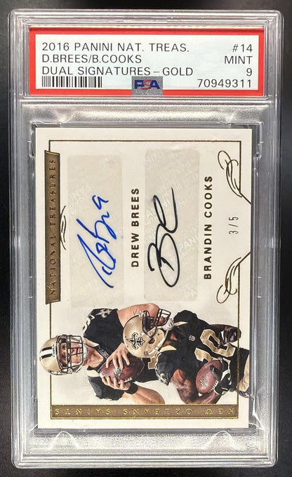 2016 Panini National Treasures Brandin Cooks Drew Brees #14 Dual Signatures Gold /5 Auto PSA 9