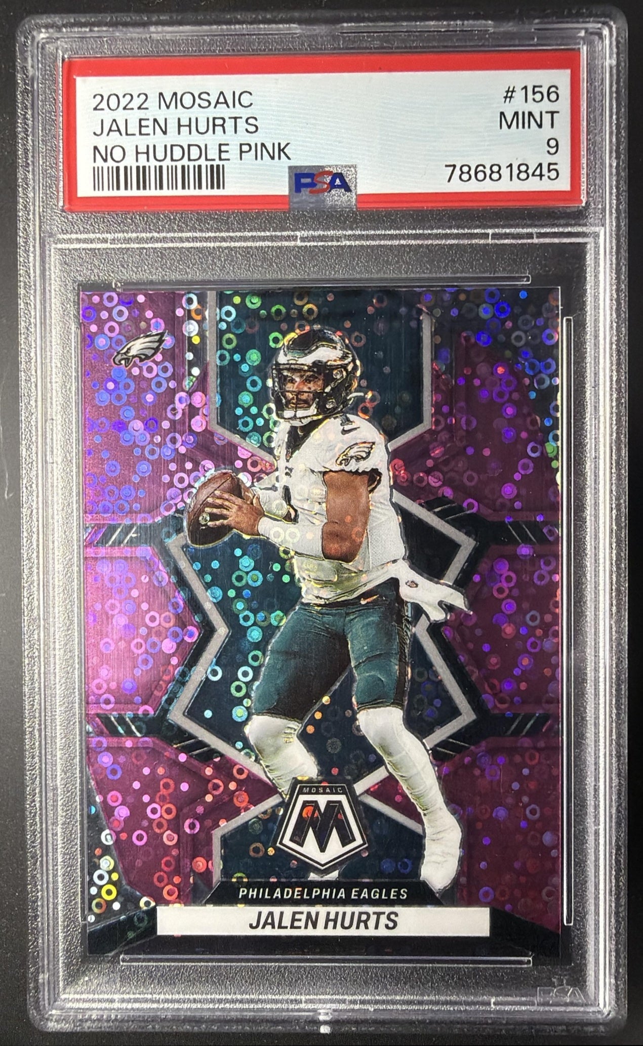 2022 Panini Mosaic Jalen Hurts #156 Mosaic No Huddle Pink 12/20 PSA 9