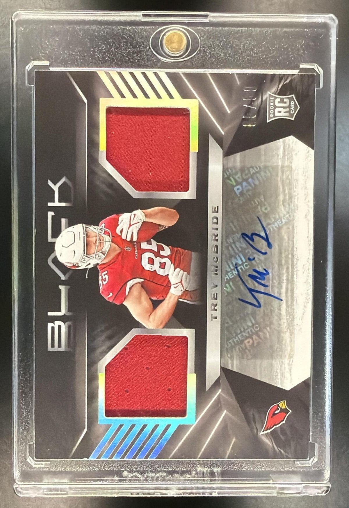 2022 Panini Black Trey McBride #RSM-TMB Rookie Signature Materials Silver /50 Auto RC