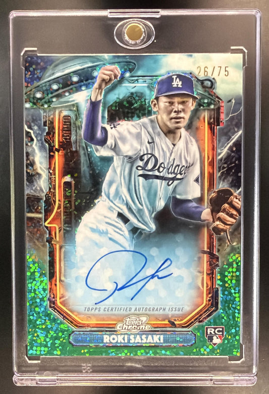 2025 Topps Cosmic Chrome Roki Sasaki #ETA-RS Extraterrestrial Talent Auto Green Space Dust /75 RC