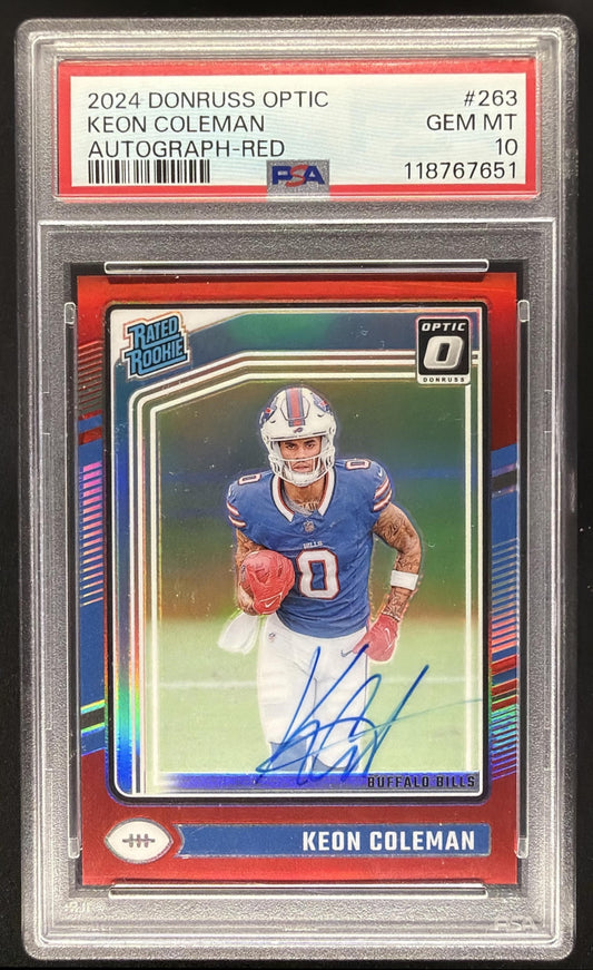 2024 Panini Donruss Optic Keon Coleman #263 Rated Rookie RPS Auto Red /75 PSA 10