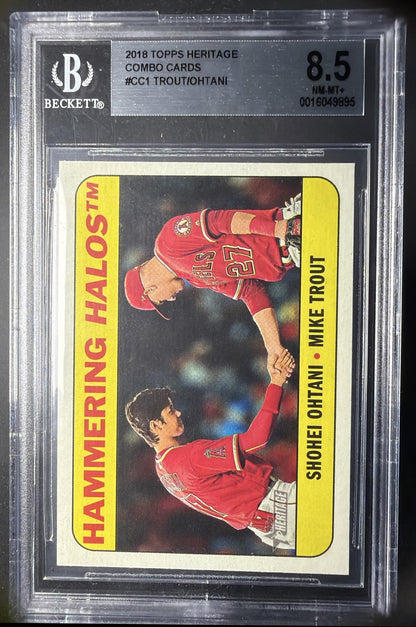 2018 Topps Heritage Hammering Halos Shohei Ohtani Mike Trout #CC-1 Combo Cards BGS 8.5