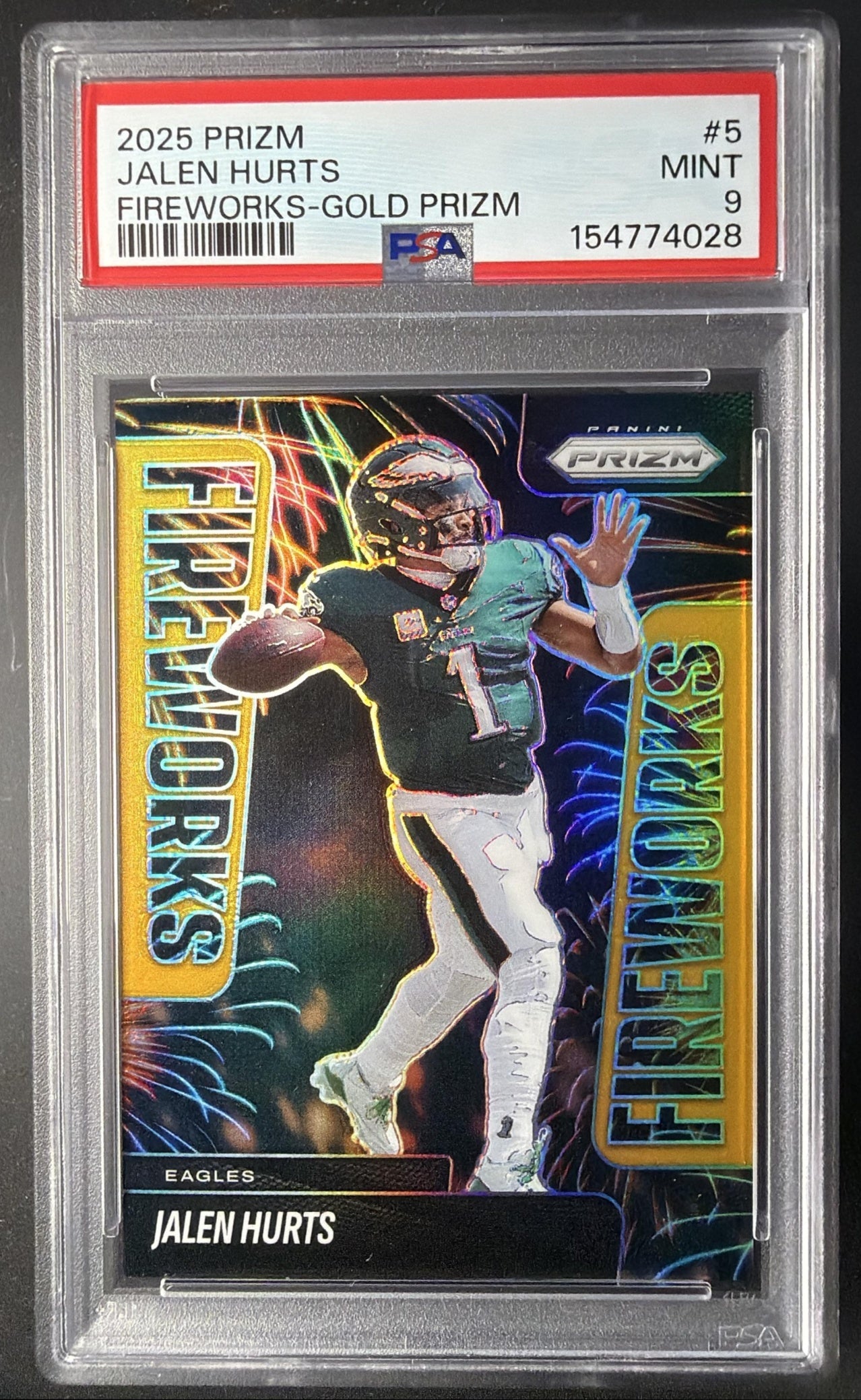 2025 Panini Prizm Jalen Hurts #5 Fireworks Gold 10/10 PSA 9