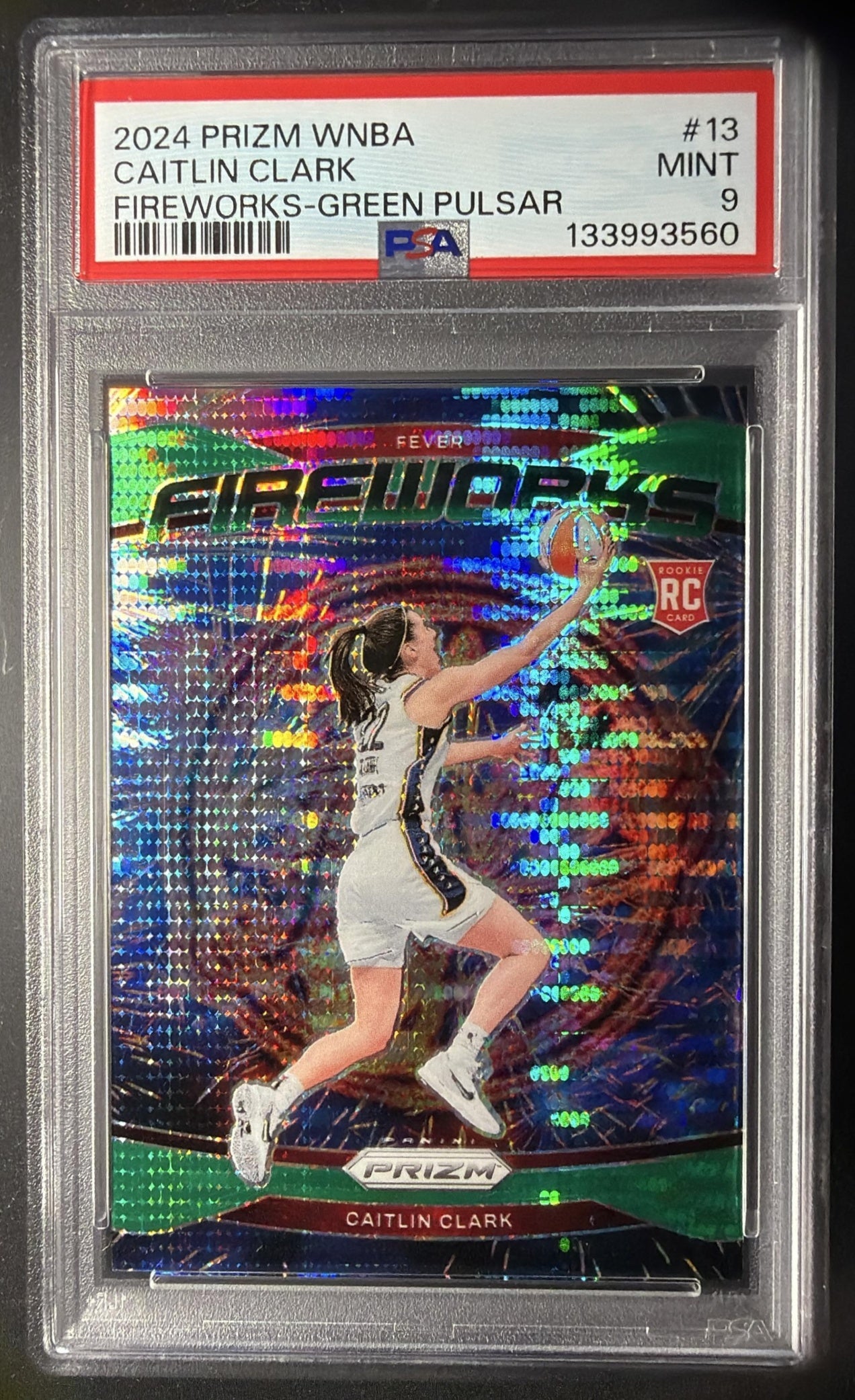 2024 Panini WNBA Prizm Caitlin Clark #13 Fireworks Green Pulsar 14/25 RC PSA 9