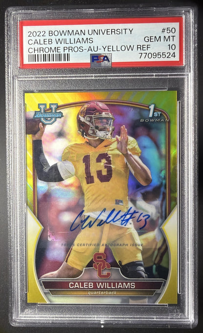 2022 Bowman University Chrome Caleb Williams #50 Prospect Auto Yellow Refractor /75 PSA 10