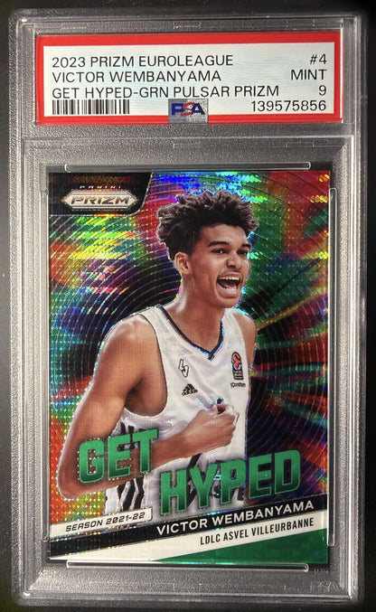 2023 Panini Prizm  EuroLeague Victor Wembanyama #4 Get Hyped Green Pulsar /25 RC PSA 9