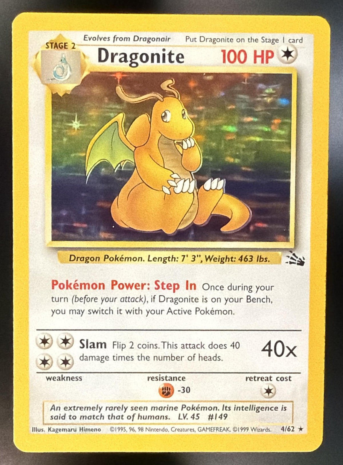 1999 Pokemon Fossil Dragonite 4/62 MP Unlimited