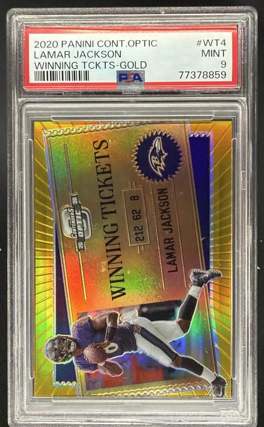 2020 Panini Contenders Optic Lamar Jackson #WT4 Winning Tickets Gold 1/10 PSA 9