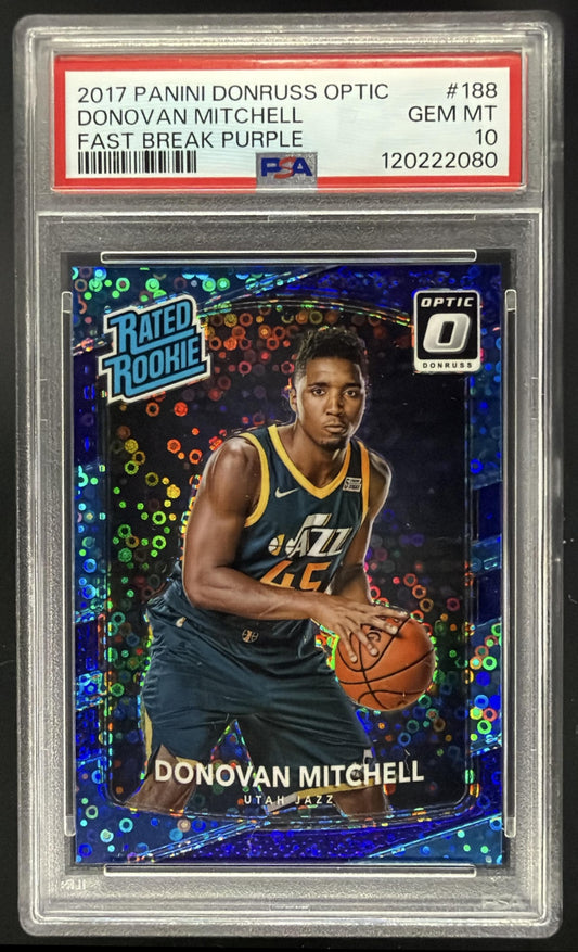 2017 Panini Donruss Optic Donovan Mitchell #188 Fast Break Purple /155 RC PSA 10