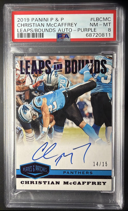 2019 Panini Plates & Patches Christian Mccaffrey Purple Auto 14/15 PSA 8