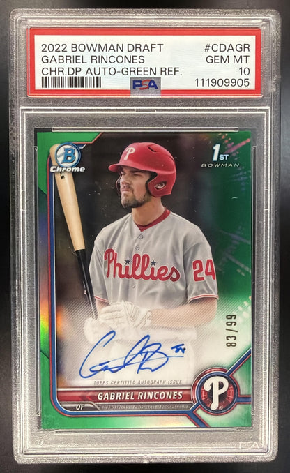 2022 Bowman Draft Gabriel Rincones #CDA-GR Chrome Pick Auto Green Refractor /99 1st Prospect PSA 10