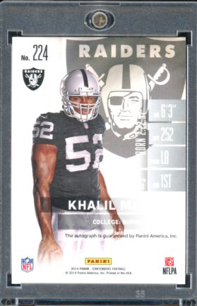 2014 Contenders Khalil Mack Rookie Auto Championship Ticket /49