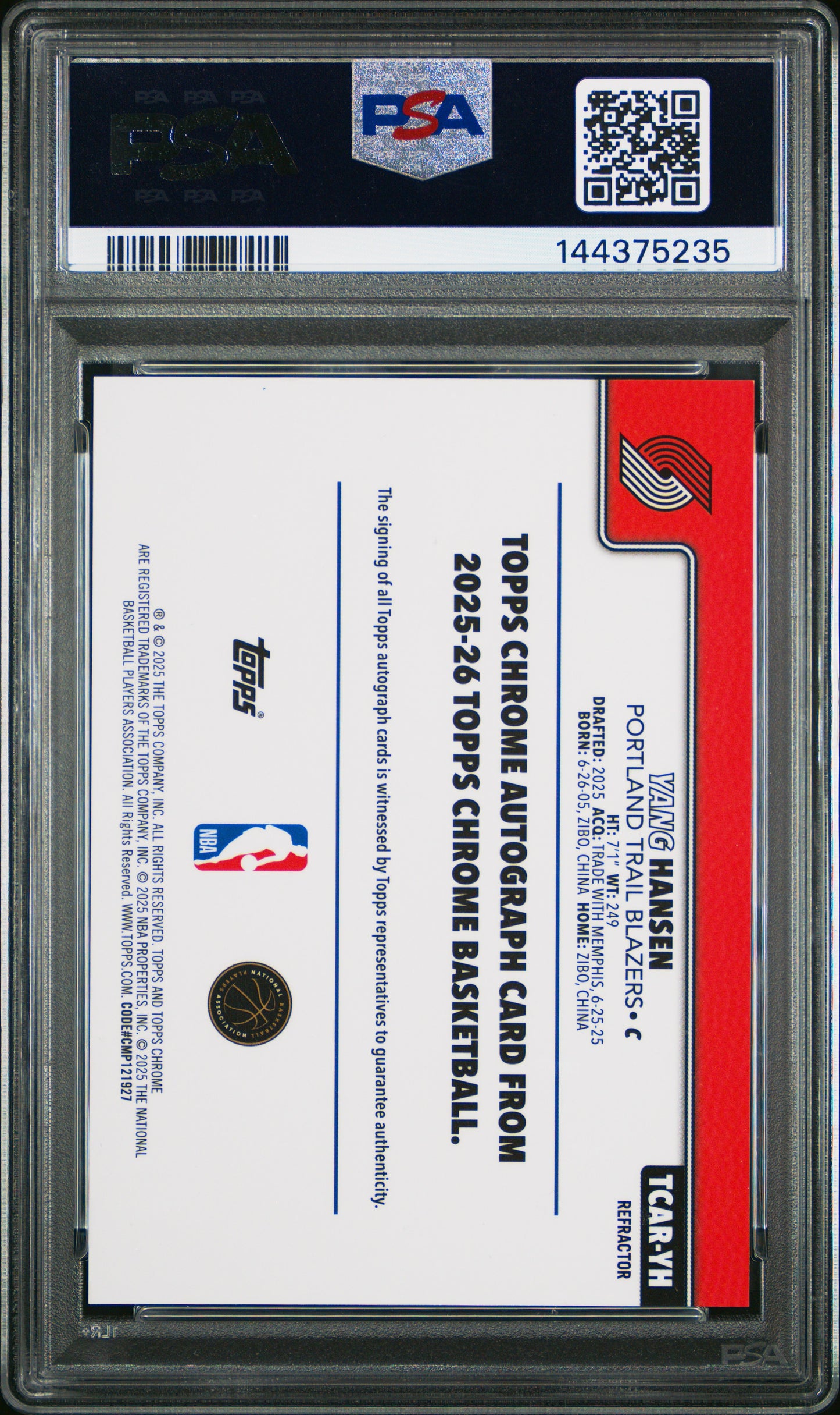 2025-26 Topps Chrome Yang Hansen Rookie Refractor Auto PSA 9