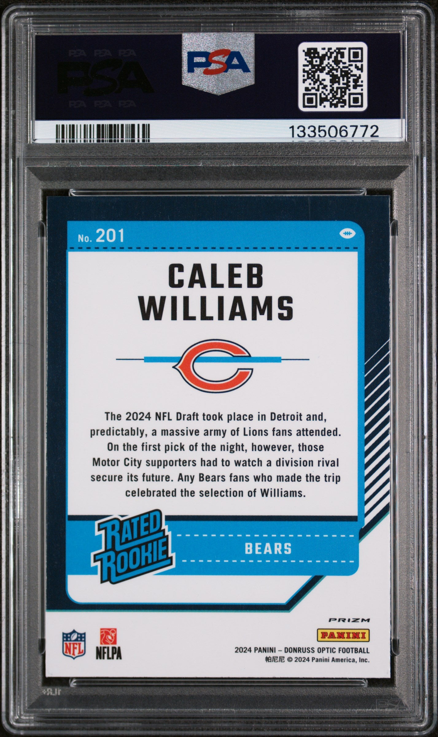 2024 Panini Donruss Optic Caleb Williams #201 Blue Hyper Rated Rookie PSA 10