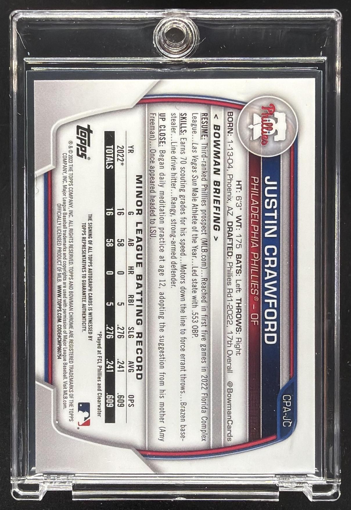 2023 Bowman Justin Crawford #CPA-JC Chrome Auto Blue Lunar /150