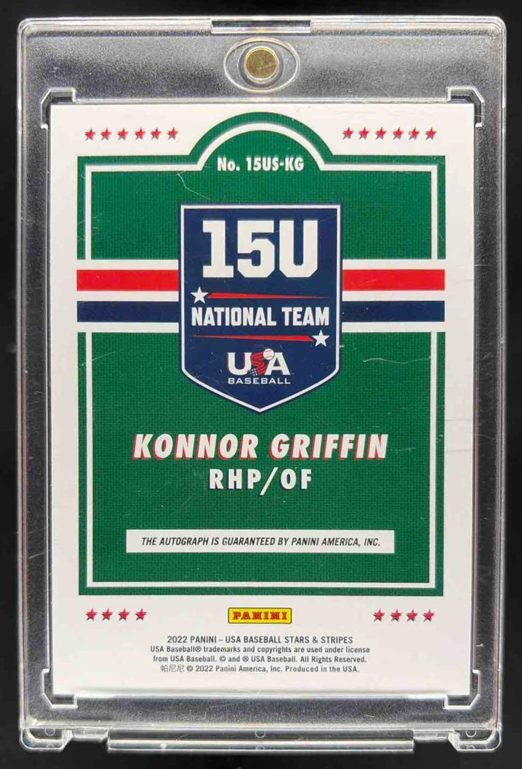 2022 Panini USA Baseball Stars & Stripes Konnor Griffin #15US-KG 15U National Team Signatures Blue Ink /299 Auto