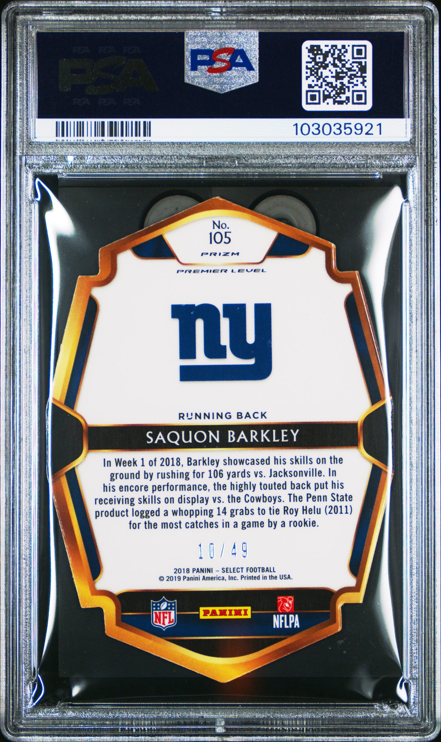 2018 Select Saquon Barkley Die Cut Neon Green Rookie /49 PSA 8