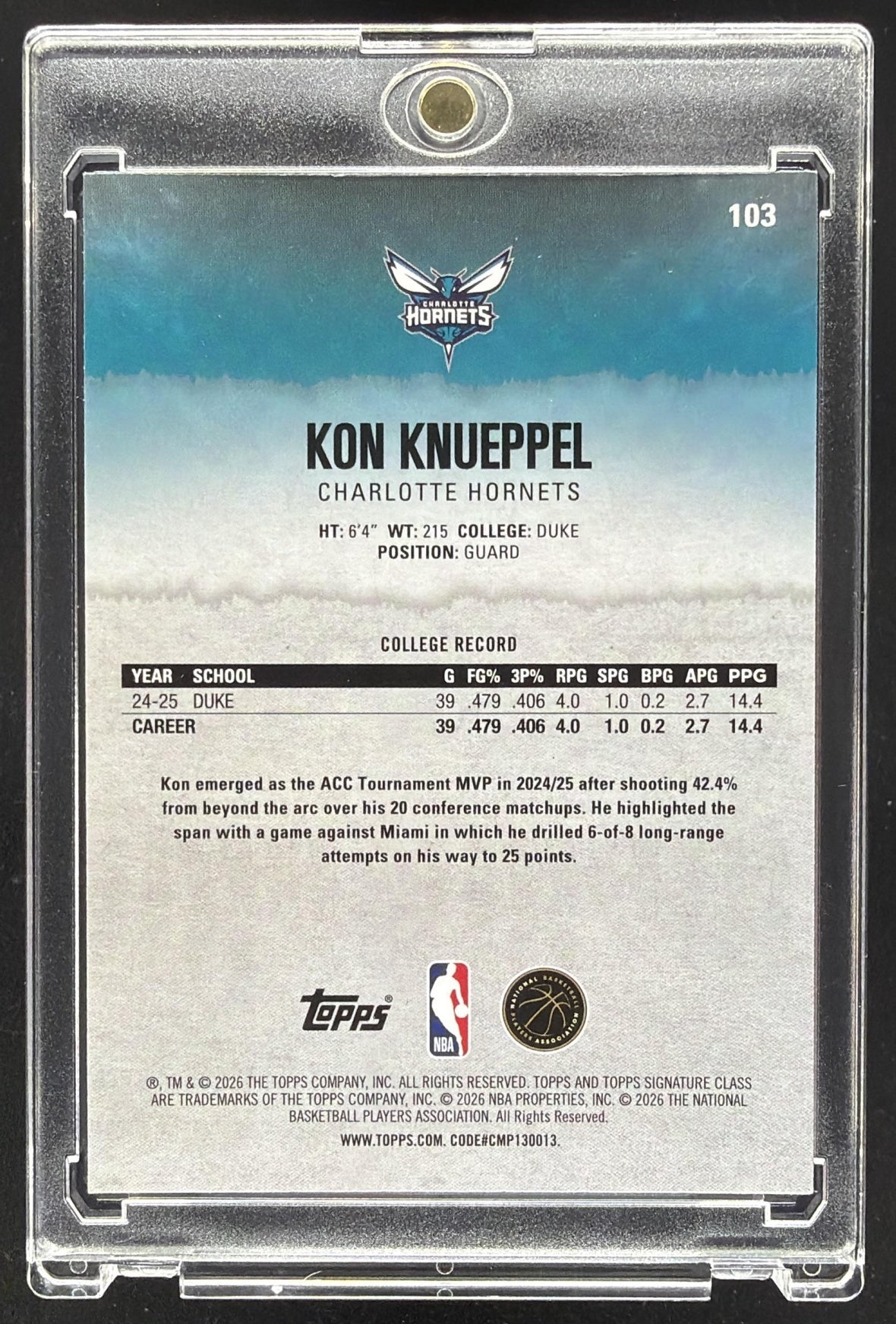 2025 Topps Signature Class Kon Knueppel #103 Chrome Rookie Teal Refractor /225 RC