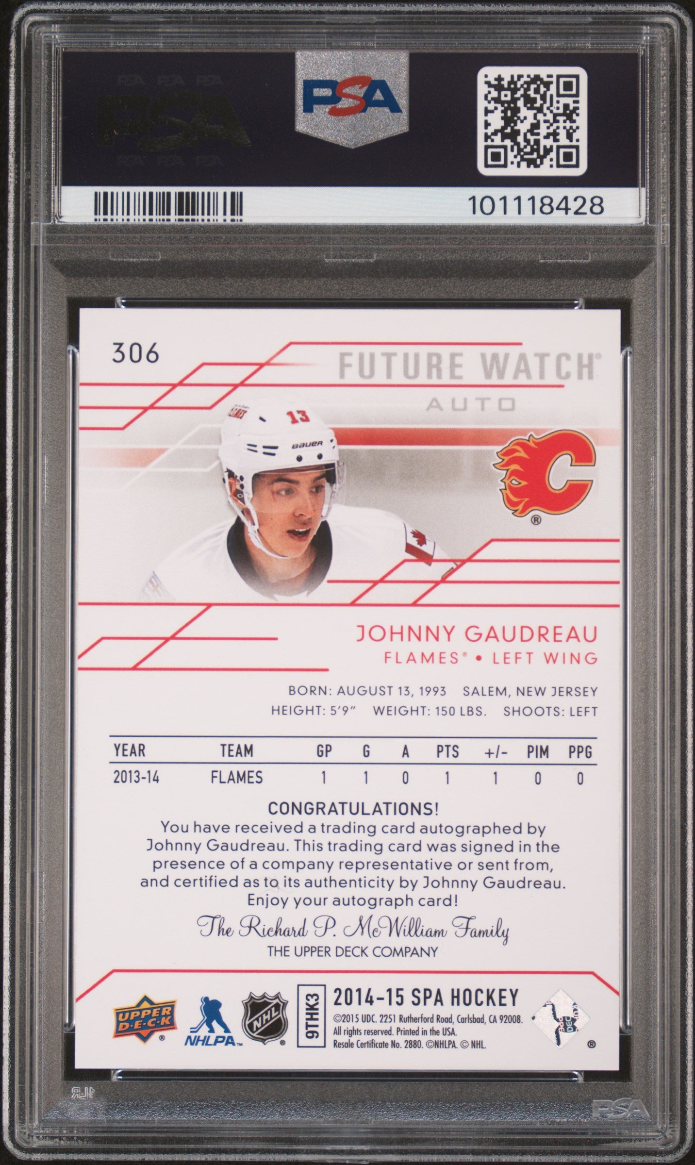 2014 Sp Authentic Johnny Gaudreau Future Watch Rookie Auto /999 PSA 8.5