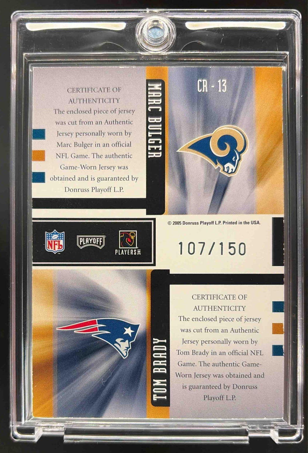 2005 Playoff Honors Tom Brady Class Reunion Game Used Patch /150