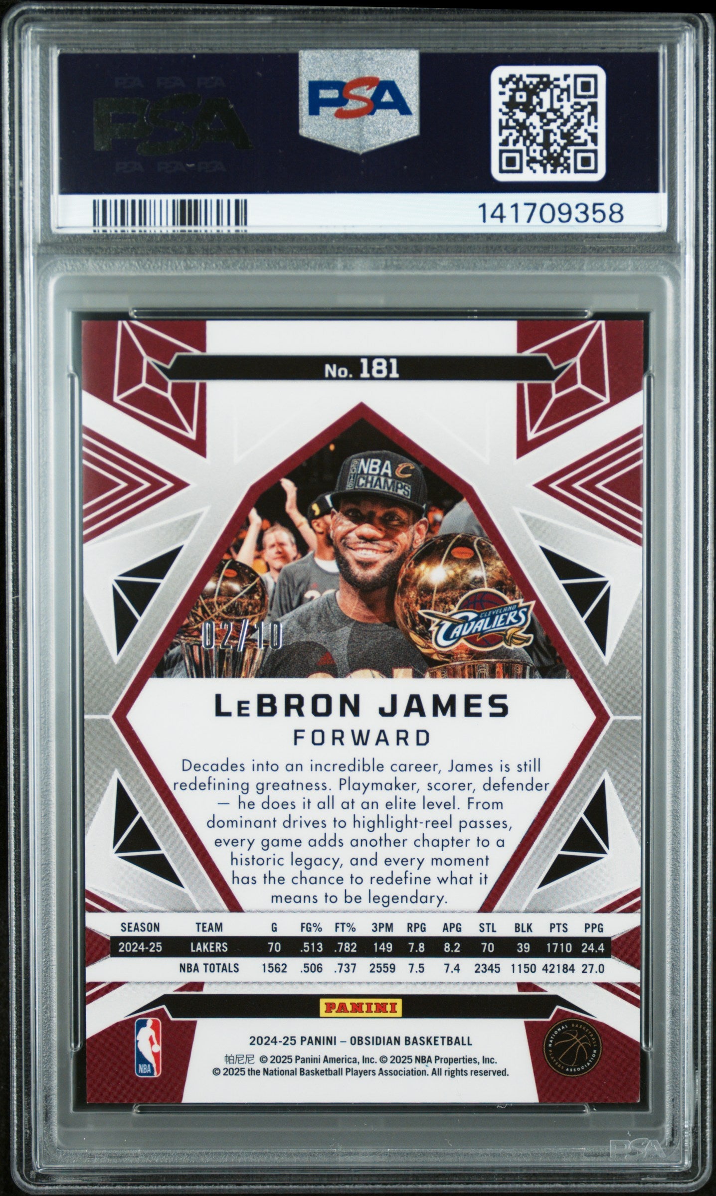 2024 Panini Obsidian LeBron James #181 Electric Etch Molten Mojo /10 PSA 9