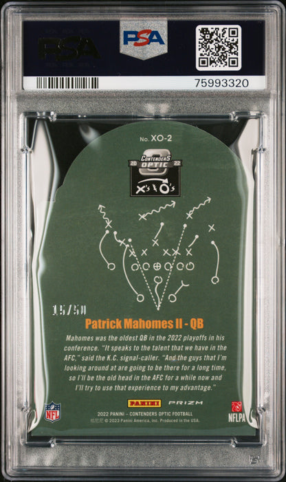 2022 Contenders Optic Patrick Mahomes X's & O's Orange 15/50 PSA 10 Jersey #