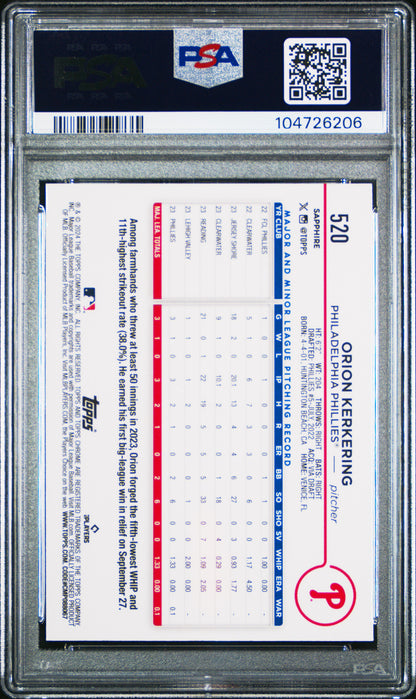 2024 Topps Chrome Sapphire Orion Kerkering Gold 40/50 PSA 10 RC