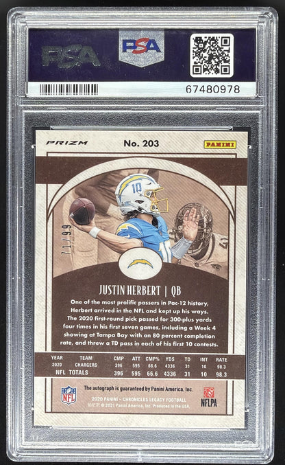 2020 Panini Chronicles Justin Herbert #203 Legacy Rookies /99 RC Auto PSA 10