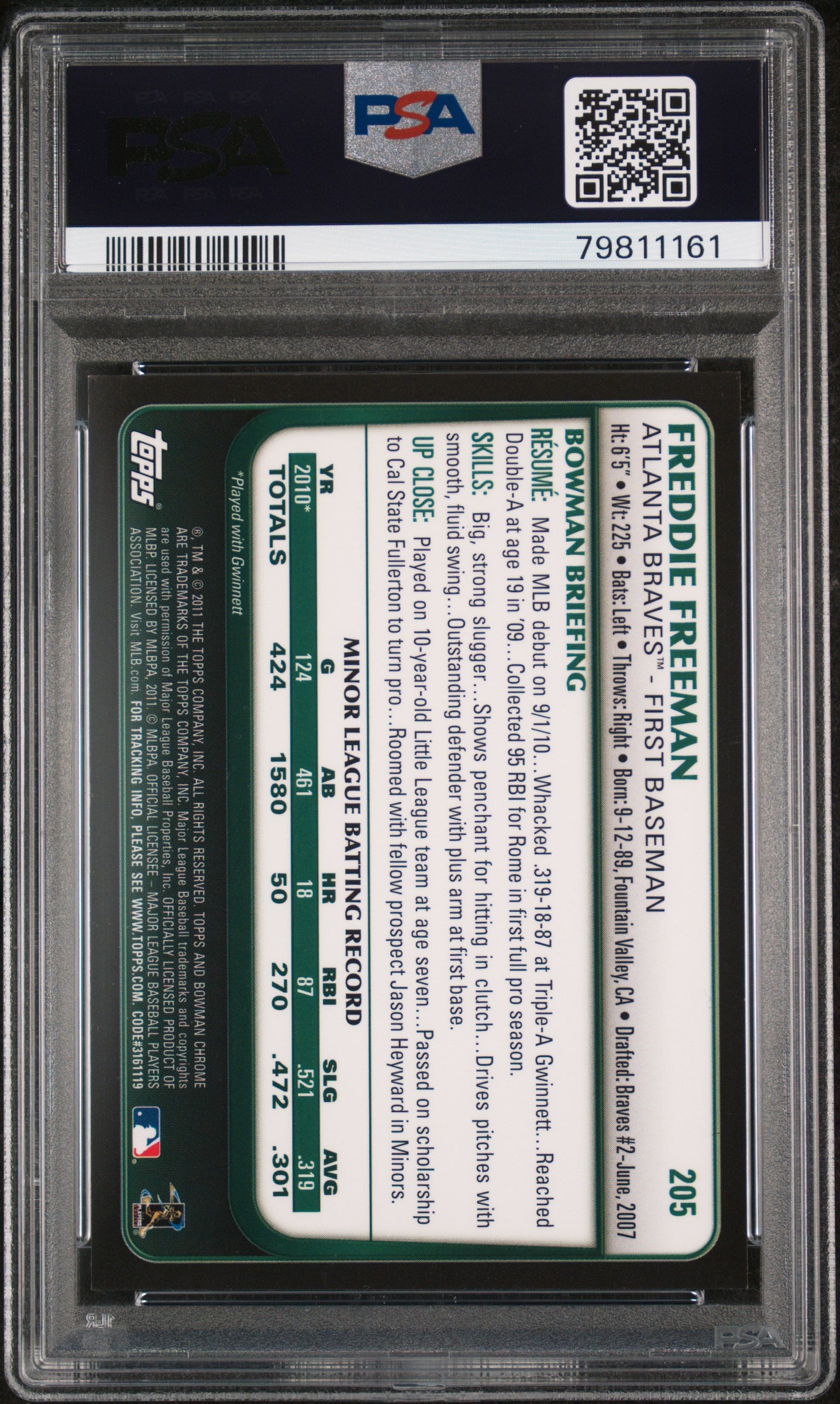 2011 Bowman Chrome Freddie Freeman Auto PSA 9 RC