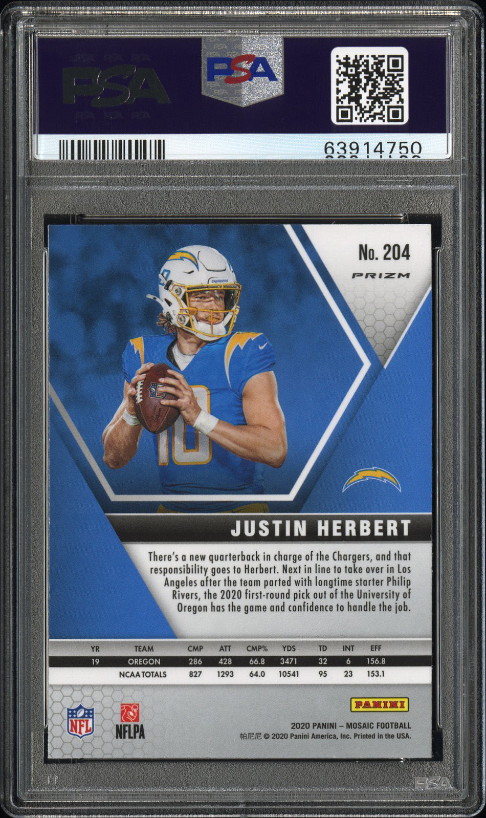 2020 Mosaic Justin Herbert Silver Rookie PSA 10 RC