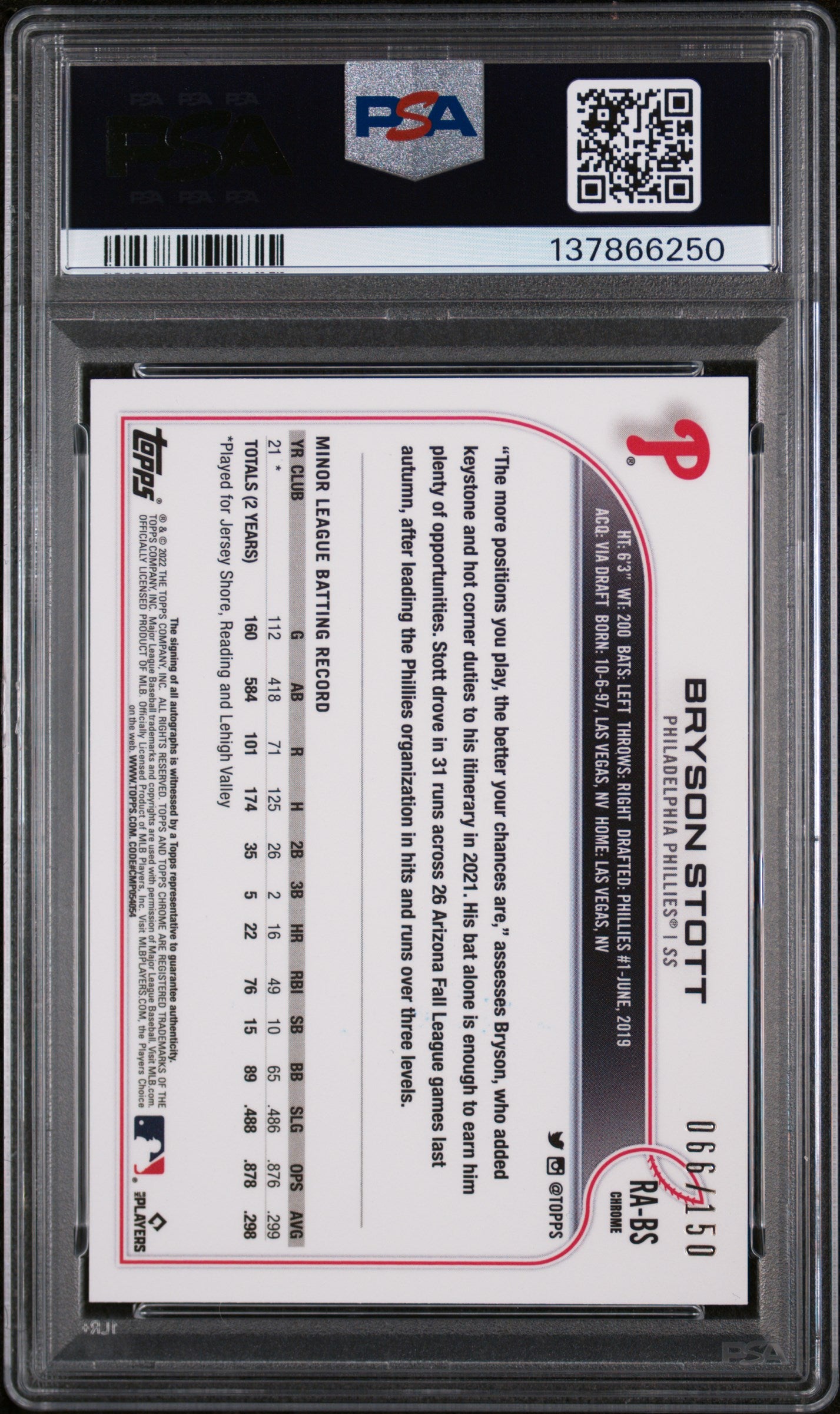 2022 Topps Chrome Bryson Stott #RA-BS Rookie Auto Blue Refractor /150 RC PSA 9