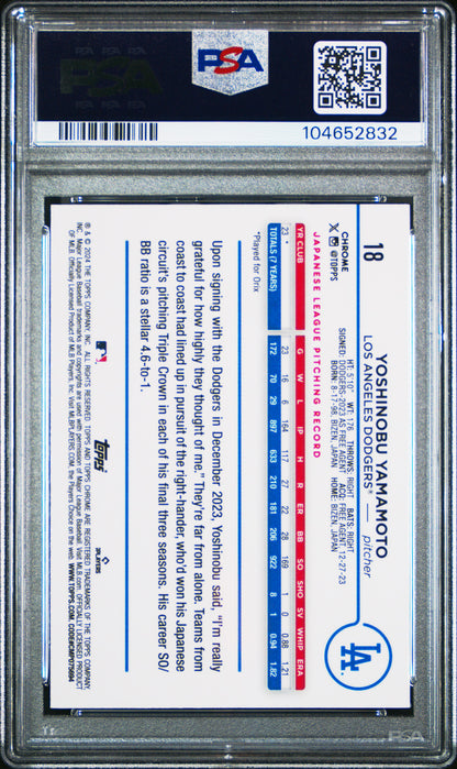 2024 Topps Chrome Yoshinobu Yamamoto Aqua Refractor 186/199 PSA 9 RC