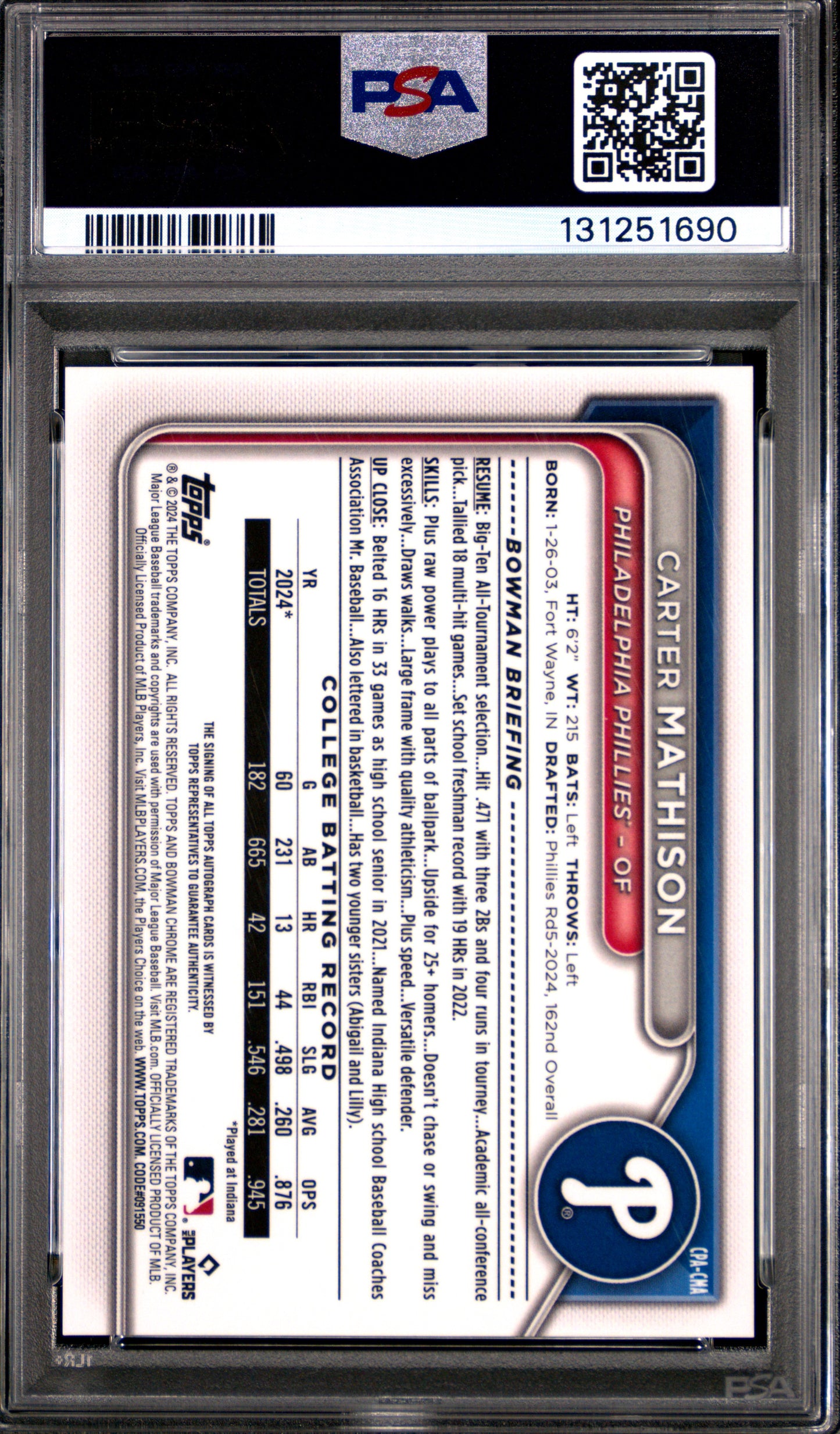 2024 Bowman Draft Carter Mathison #CPA-CMA Chrome Auto Bubble Gum /5 Auto PSA 9