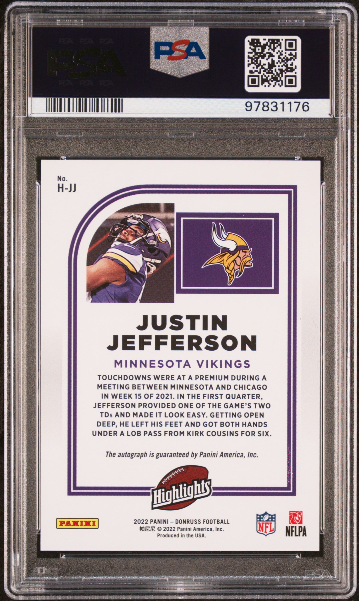 2022 Panini Donruss Justin Jefferson #H-JJ Highlights Auto /99 Vikings PSA 10