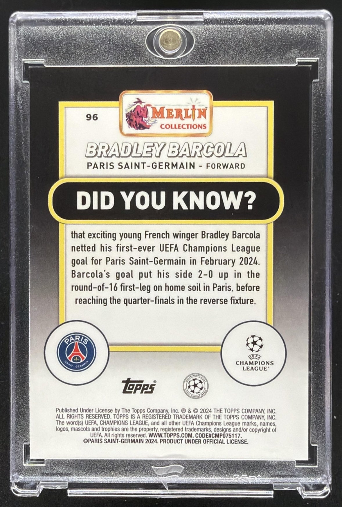 2023 Topps Chrome Merlin UEFA Club Competitions Bradley Barcola #96 Refractor RC