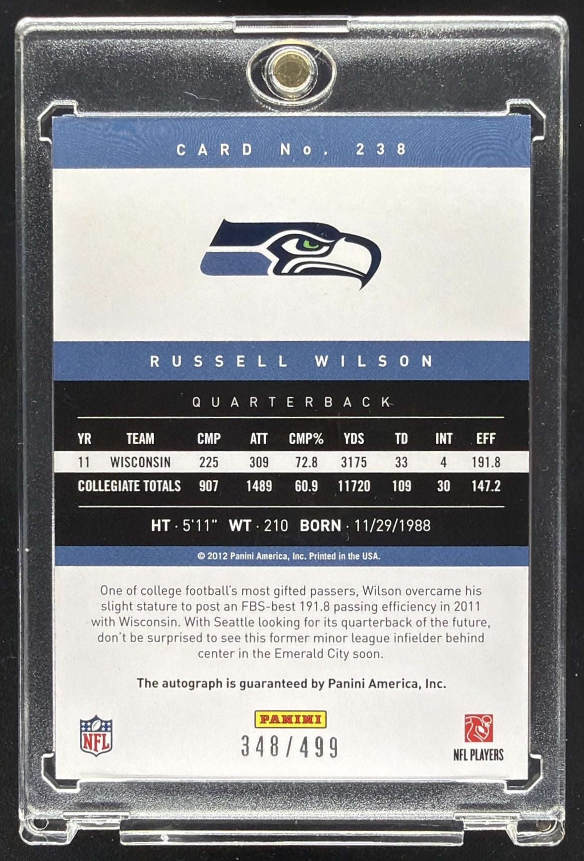 2012 Panini Prestige Russell Wilson #238 Rookie Auto /499 RC