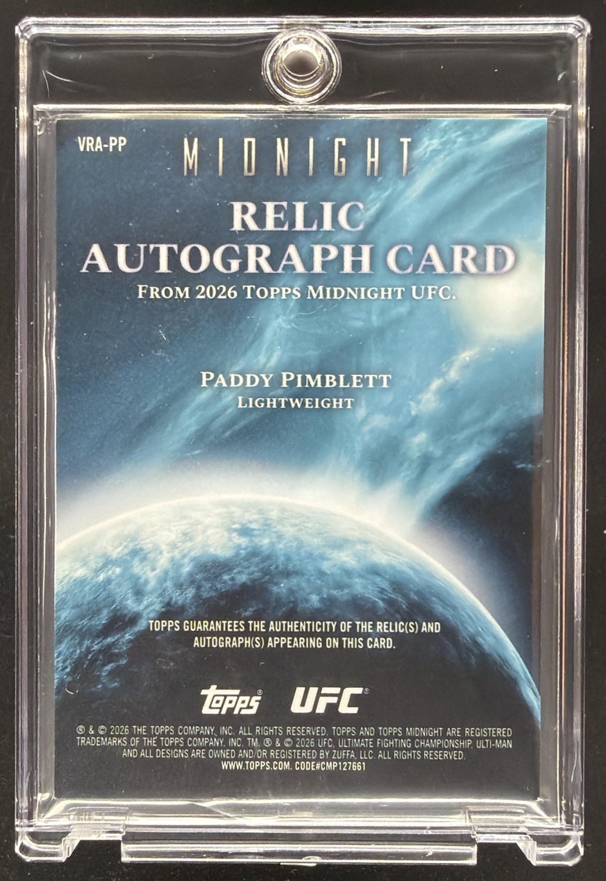 2026 Topps Midnight UFC Paddy Pimblett #VRA-PP Relic Auto MEM