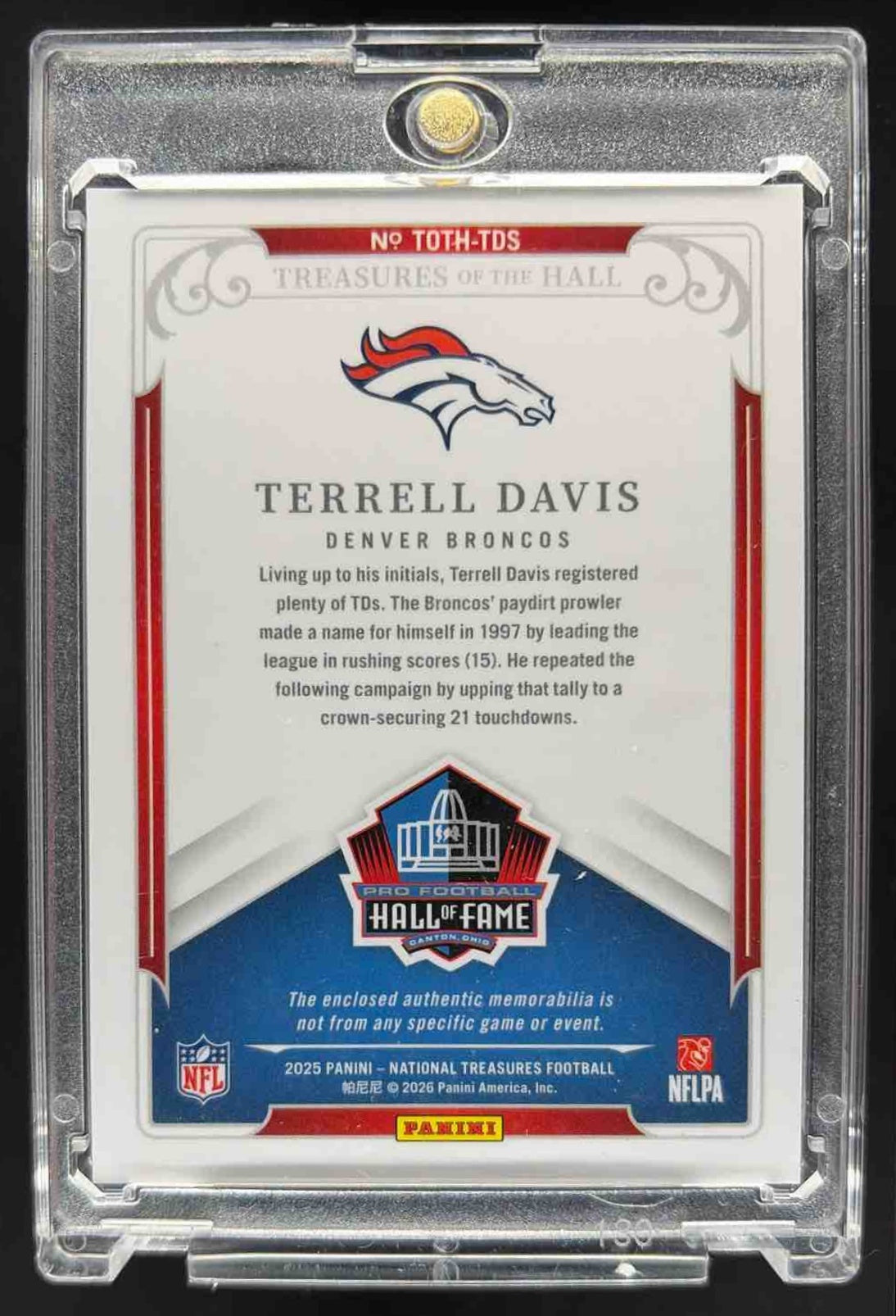 2025 Panini National Treasures Terrell Davis #TOTH-TDS of the Hall /25 MEM