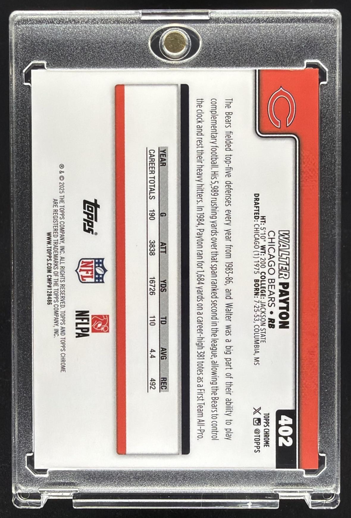 2025 Topps Chrome Sapphire Walter Payton #402 Image Variation Orange Refractor /25 SP