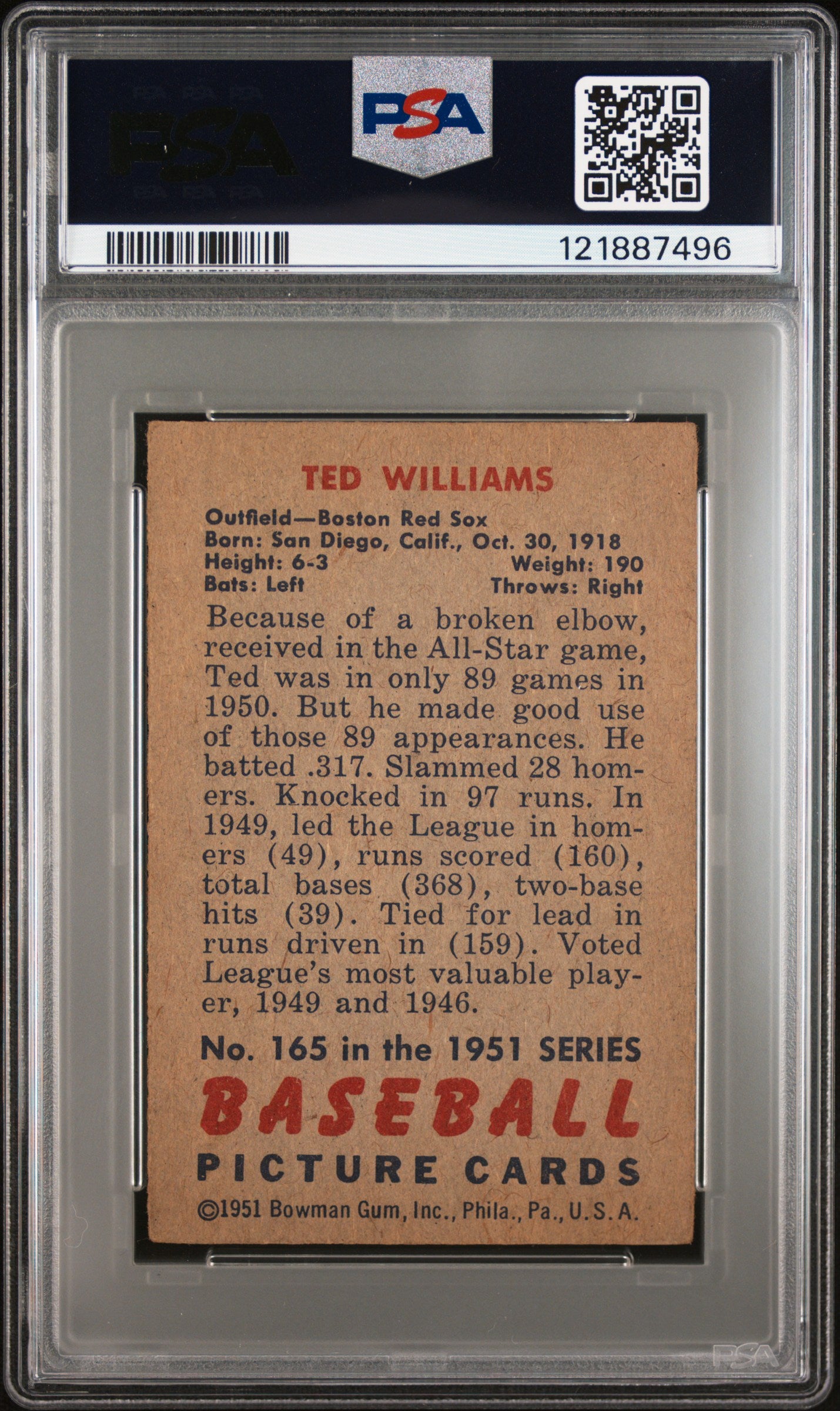1951 Bowman Ted Williams #165 PSA 2