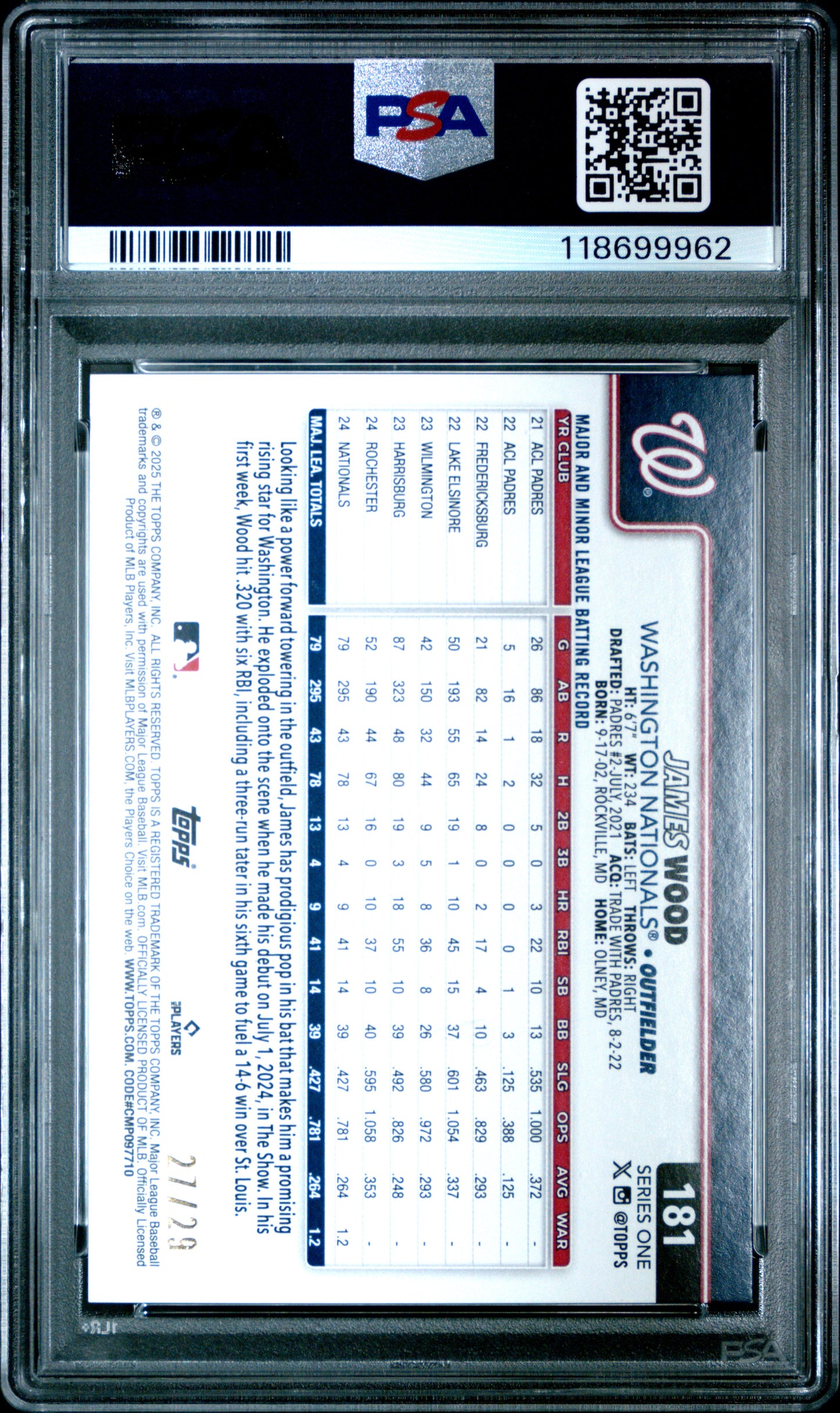 2025 Topps James Wood Player Number Variation /29 Rookie PSA 8.5