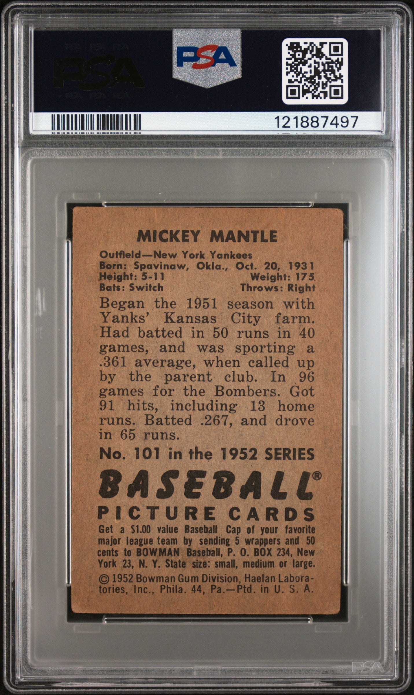 1952 Bowman Mickey Mantle #101 PSA 1
