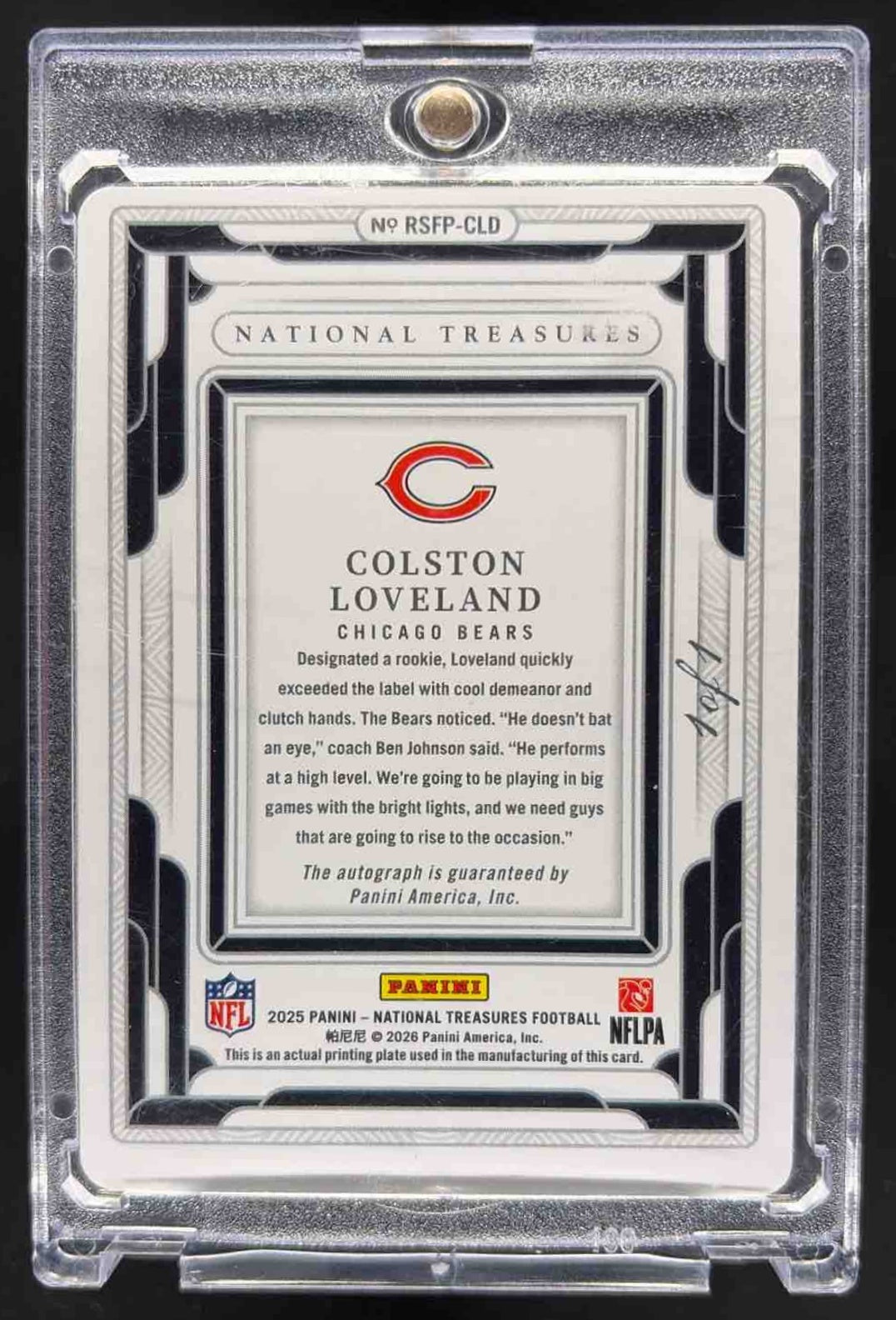 2025 Panini National Treasures Colston Loveland #RSFP-CLD Rookie Printing Plate 1/1 Auto
