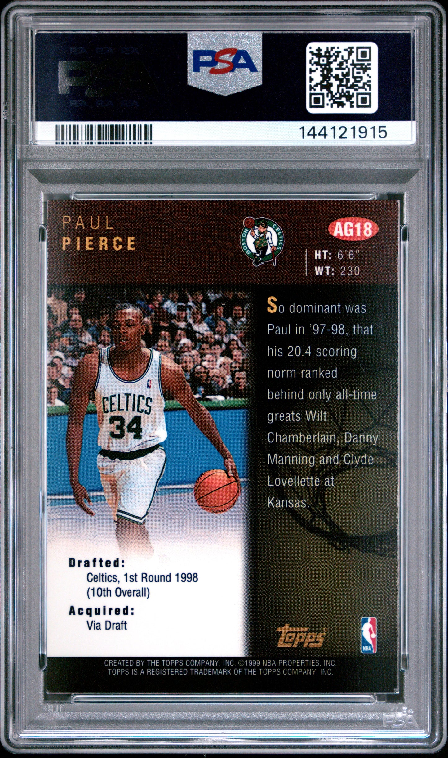 1998-99 Topps Paul Pierce #AG18 Certified Auto RC PSA 8