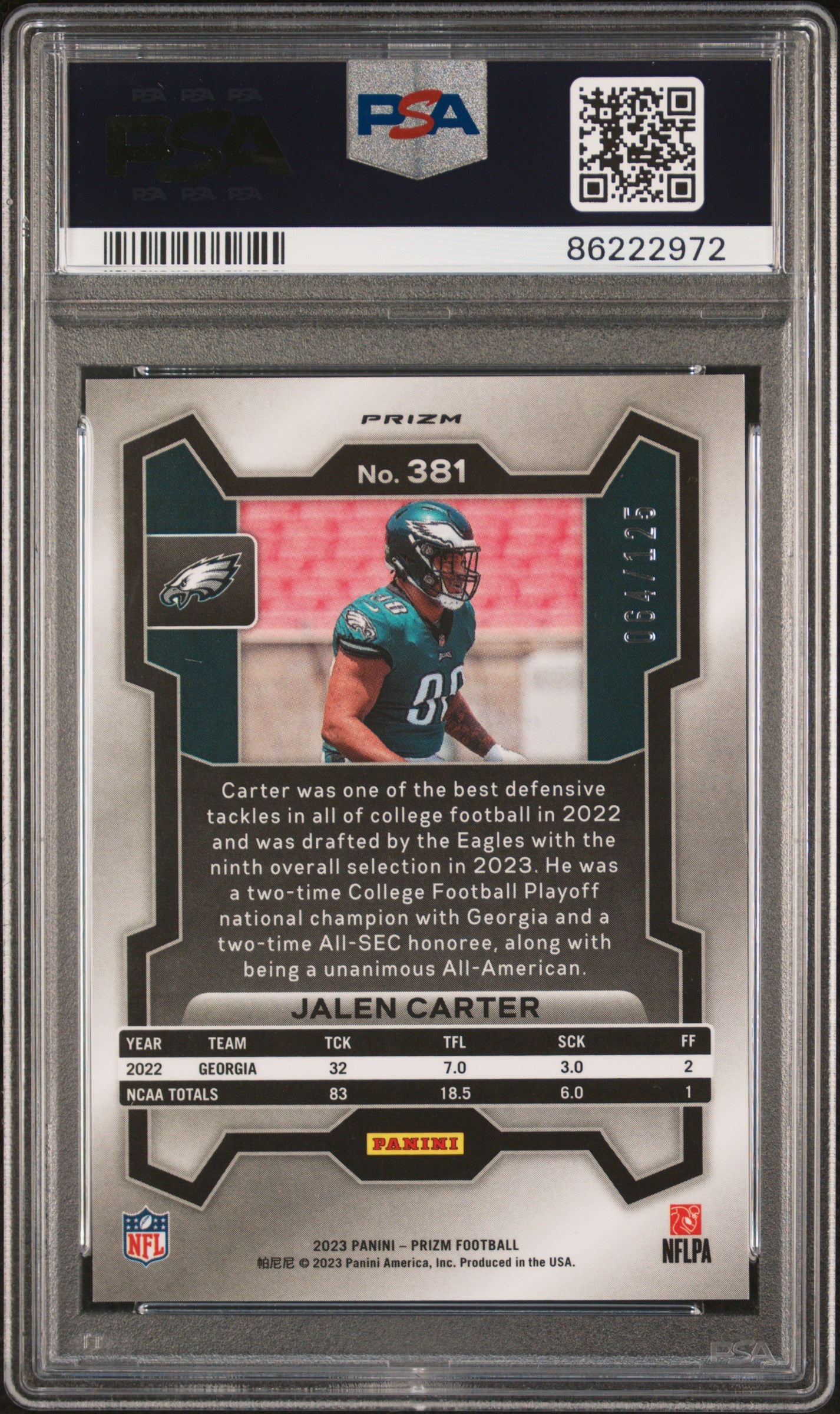 2023 Panini Prizm Jalen Carter #381 Purple 64/125 RC PSA 10