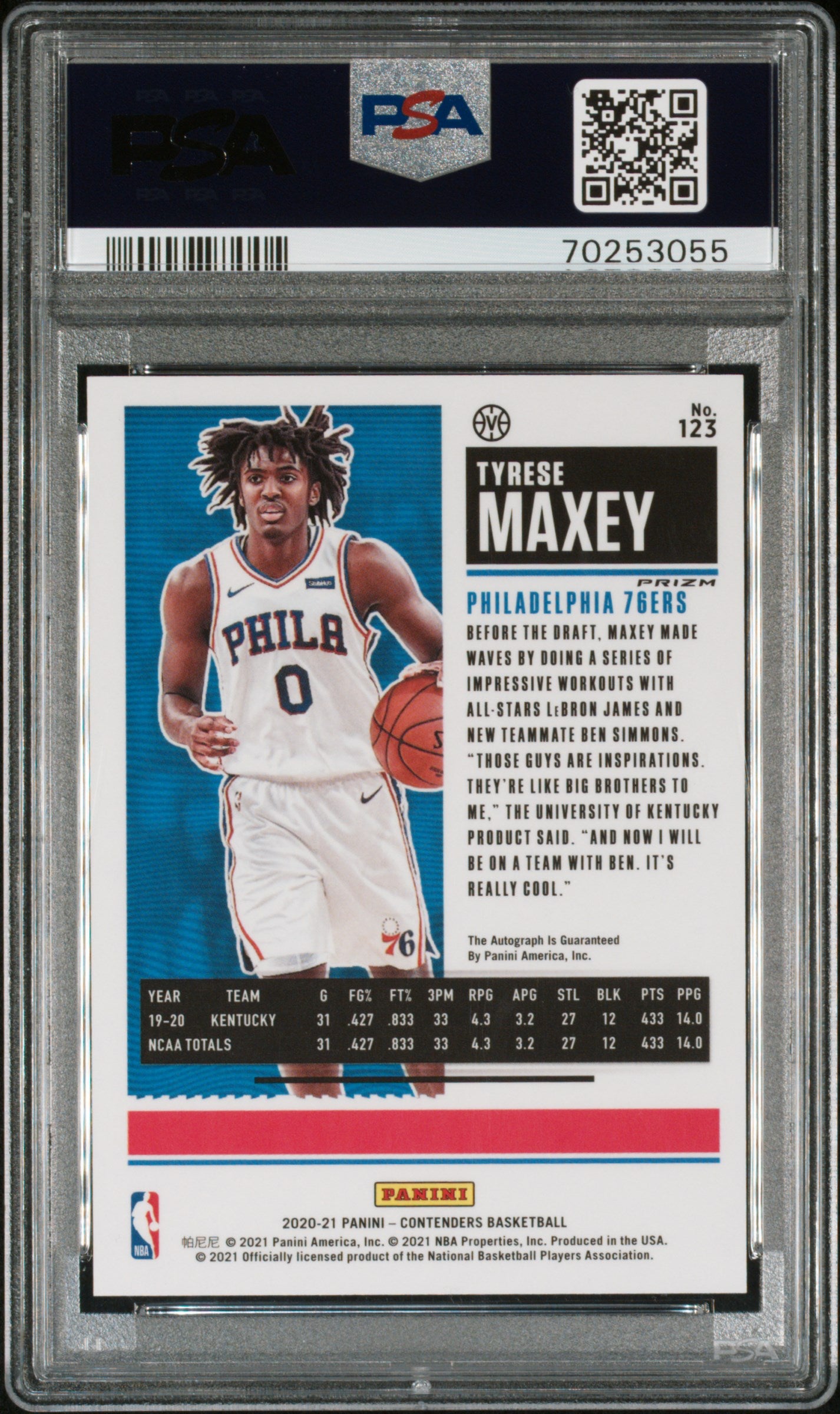 2020-21 Contenders Tyrese Maxey Premium Rookie Auto PSA 10