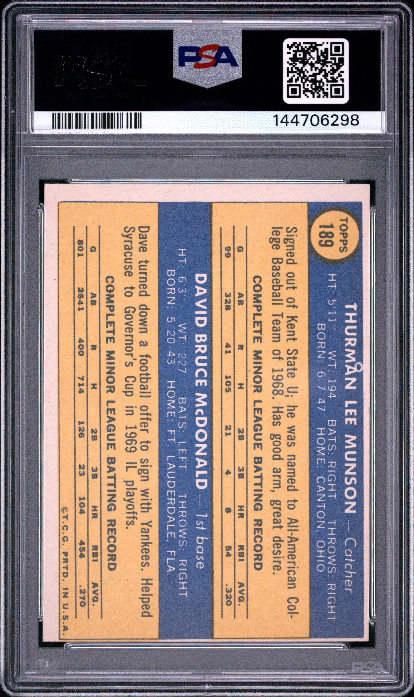 1970 Topps Yankees Rookie Stars Thurman Munson Dave McDonald #189 RC PSA 4