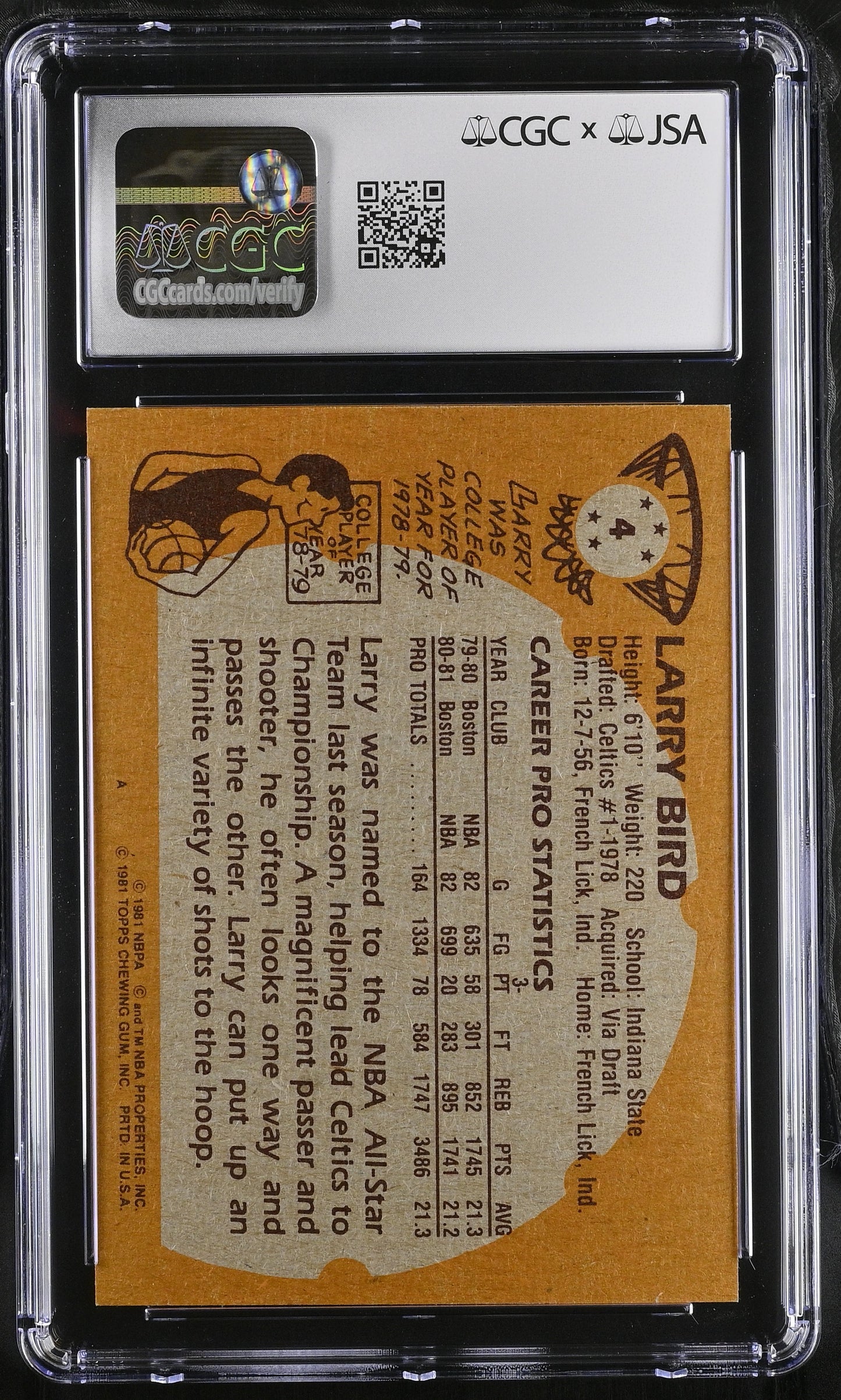 1981-92 Topps Larry Bird #4 Auto CGC 8.5 10 Auto