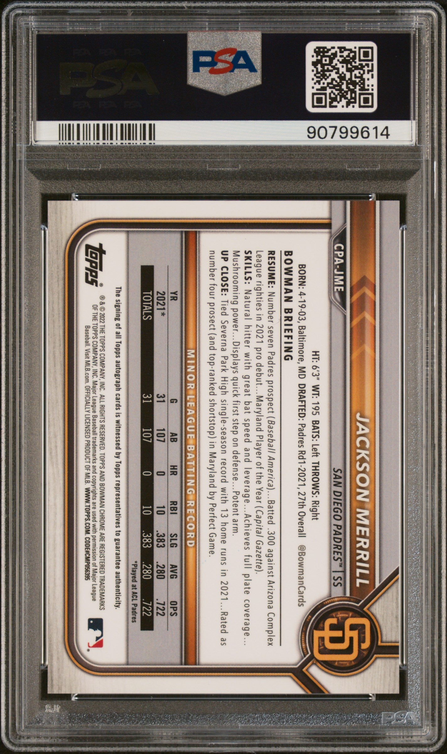 2022 Bowman Chrome Jackson Merrill #CPA-JME Prospect Auto PSA 9